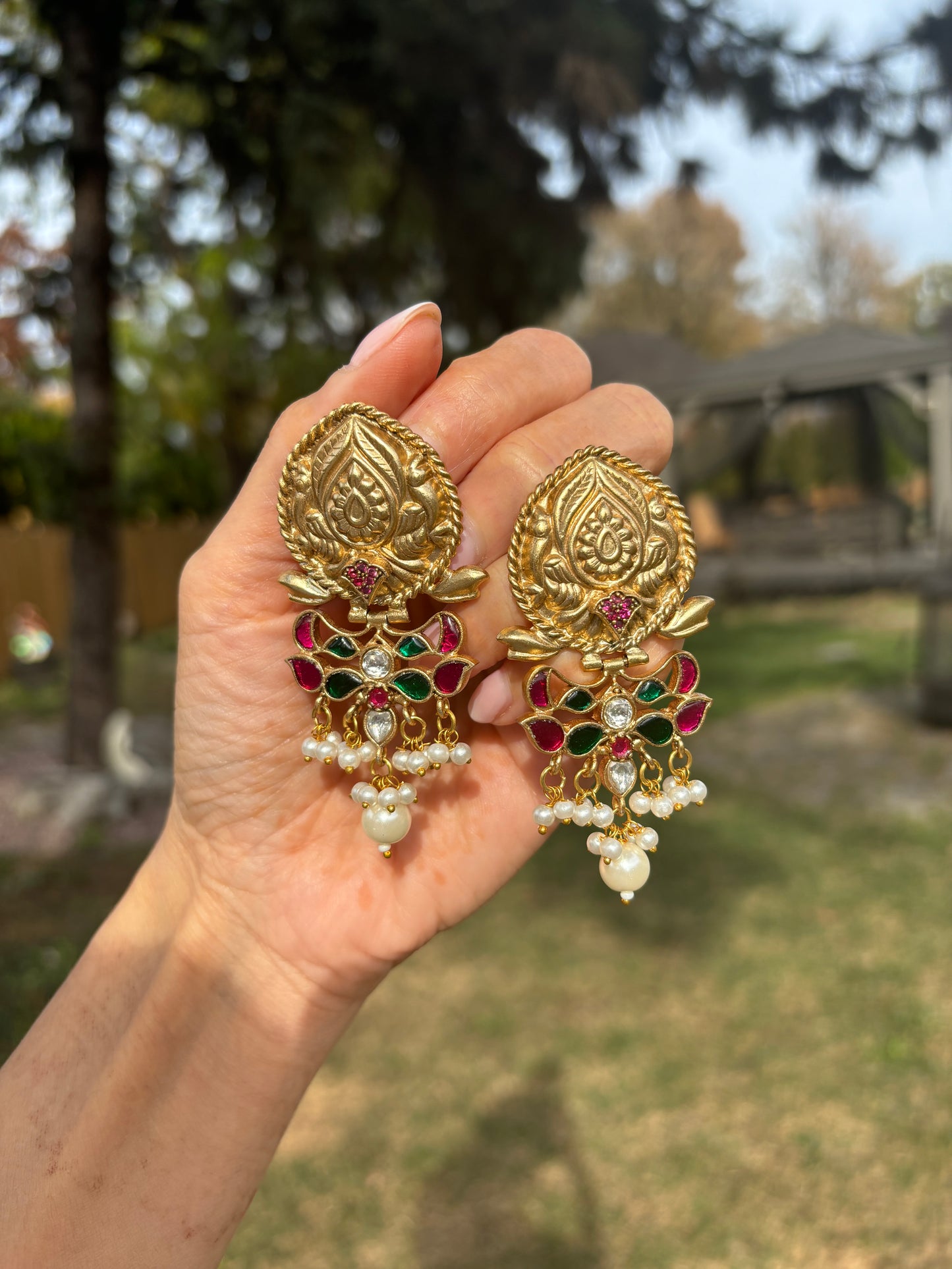 Golden German Silver Earrings with Gemstones | Begum’s Gems
