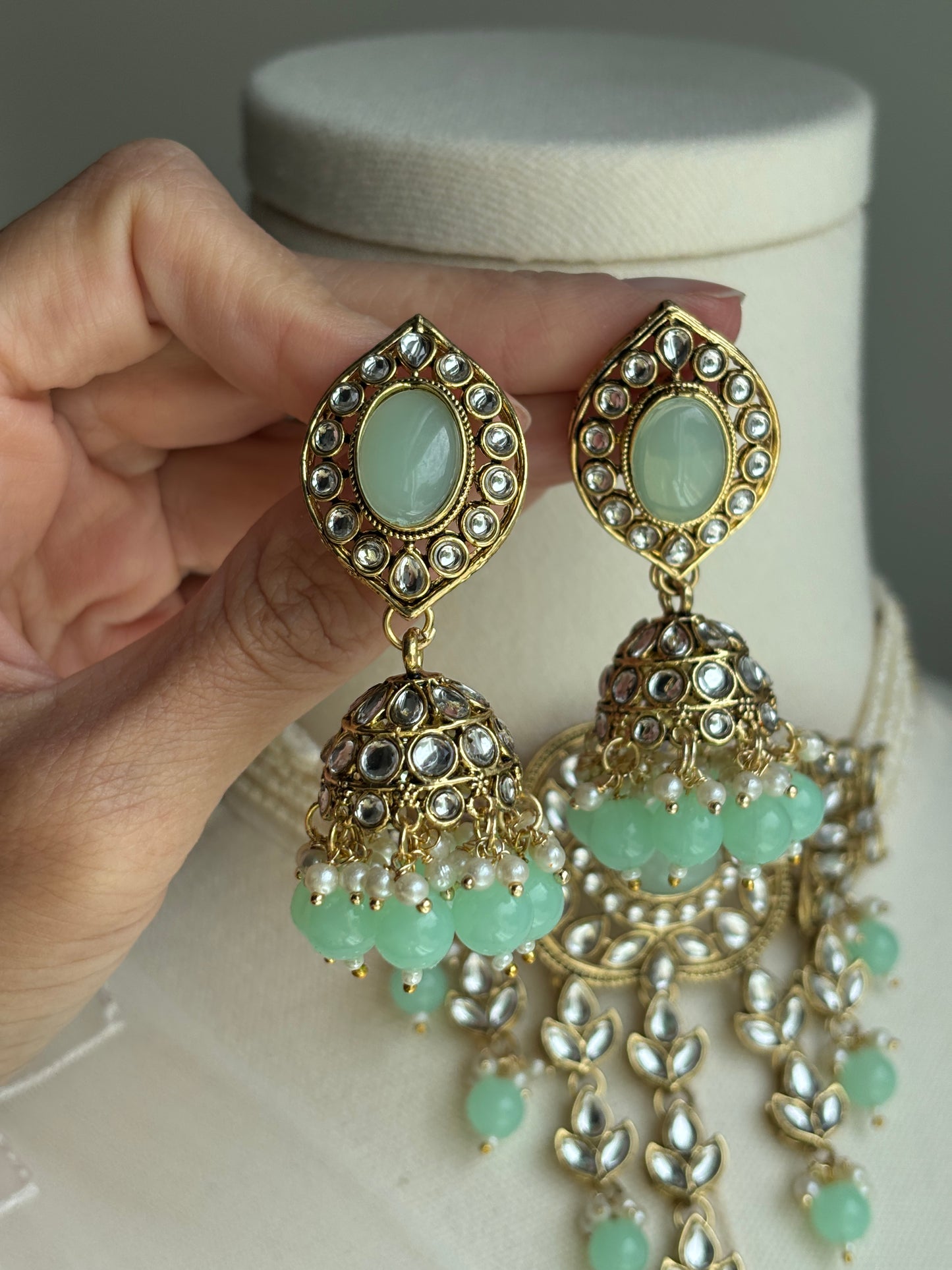 Mint Kundan Set - Earrings - Necklace - Tikka