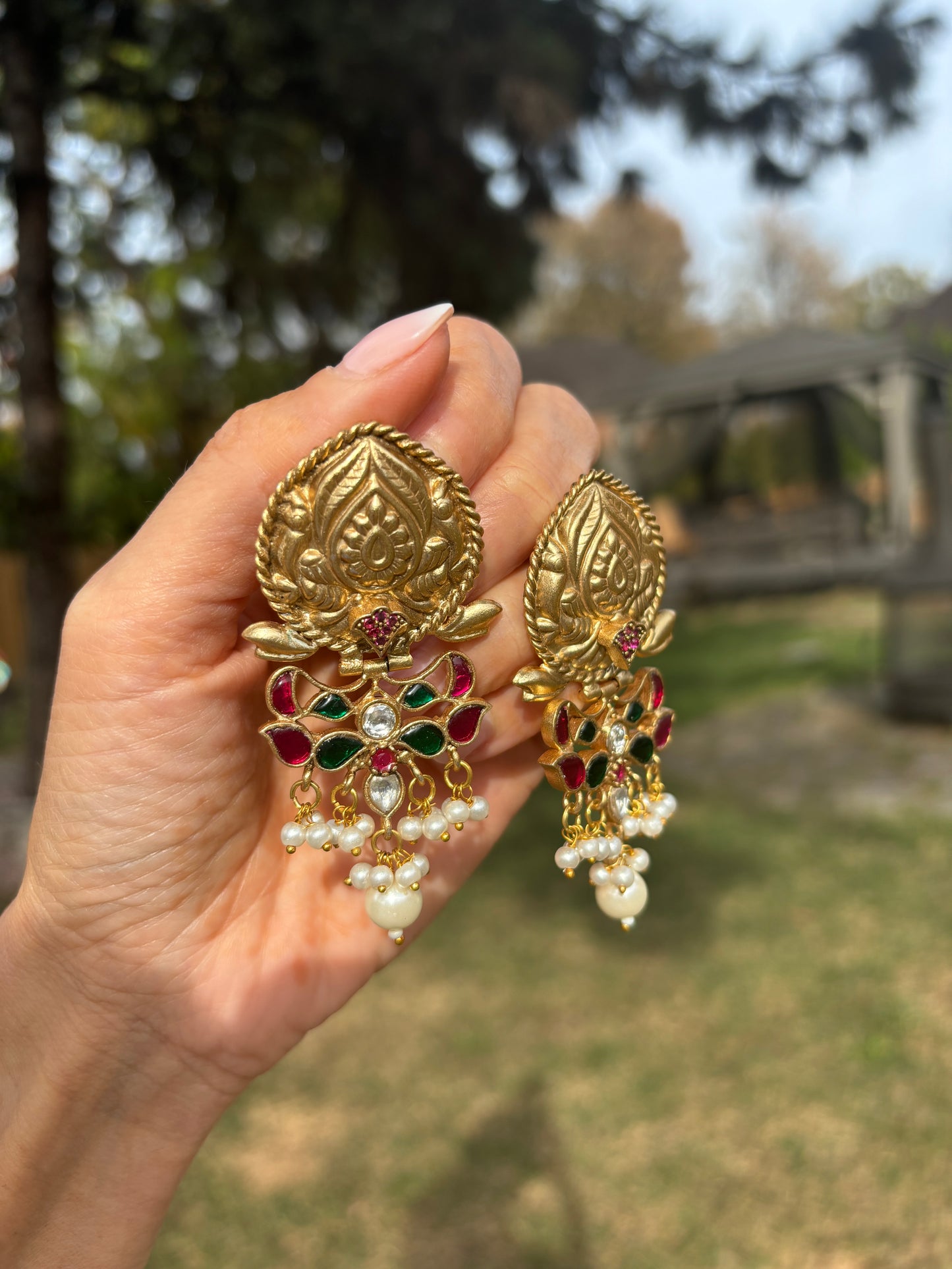 Golden German Silver Earrings with Gemstones | Begum’s Gems