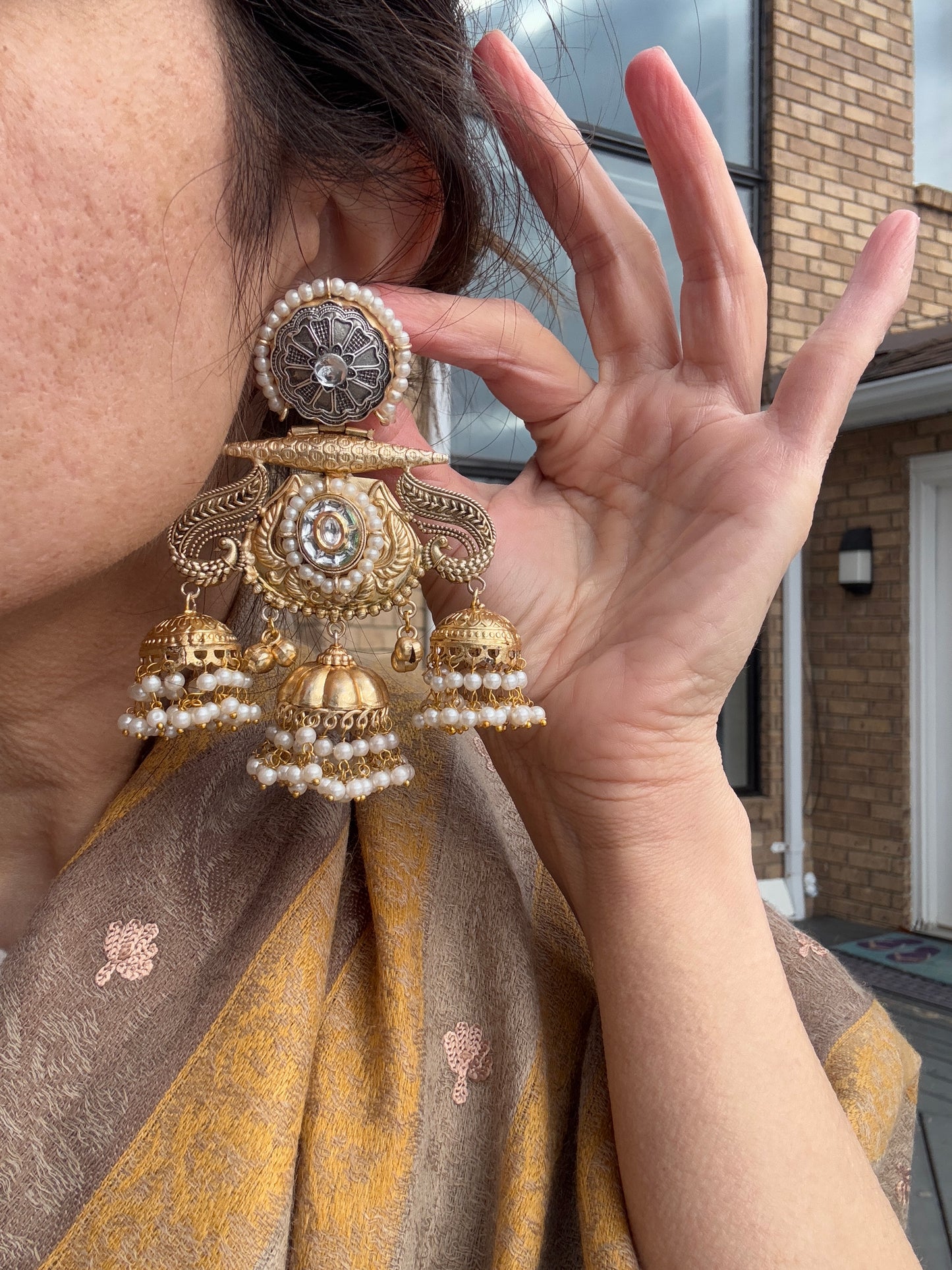 Pachi Kundan Pearl Jhumki