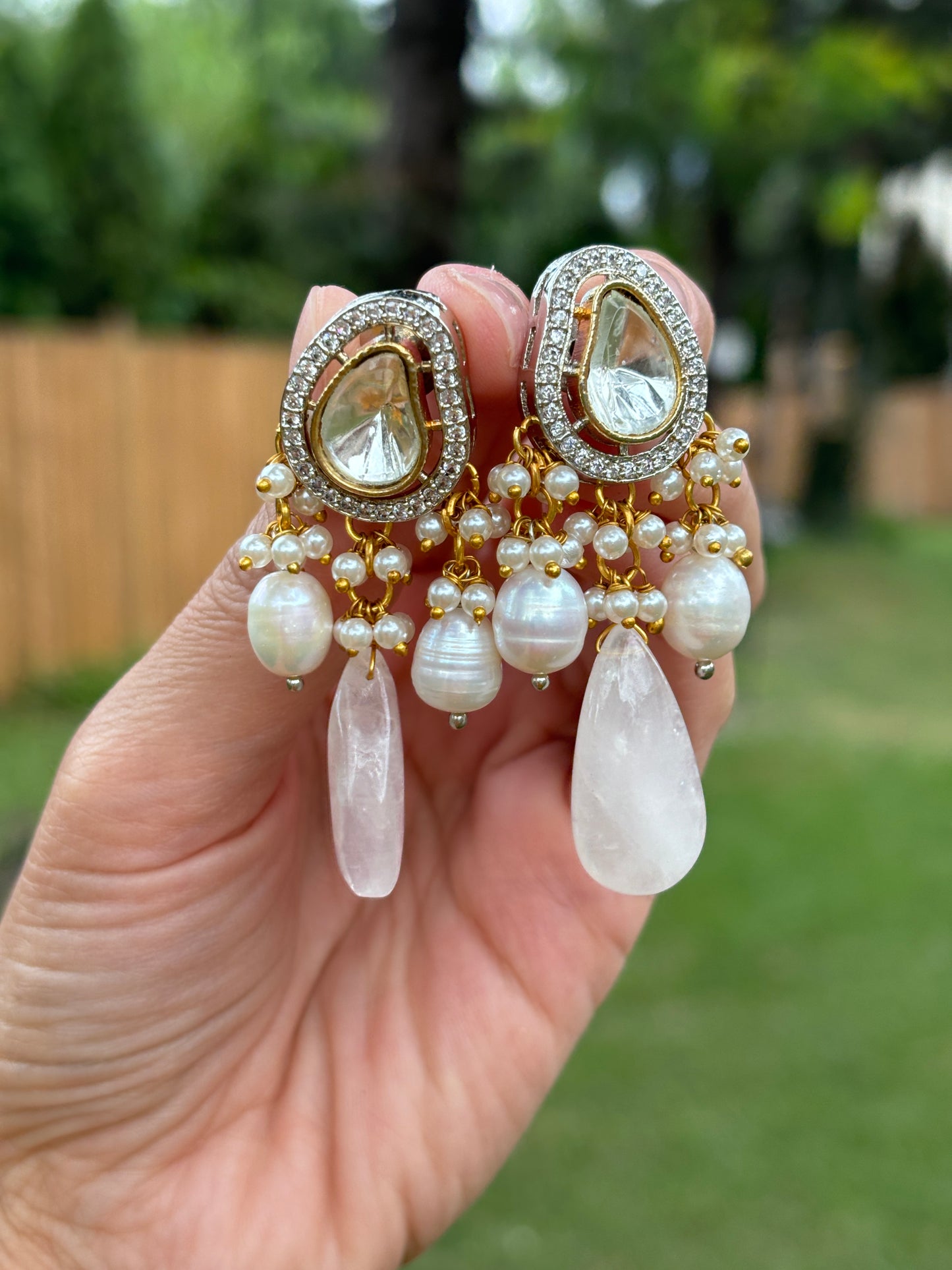 Kundan Pearl Stone Cz Drop Earrings