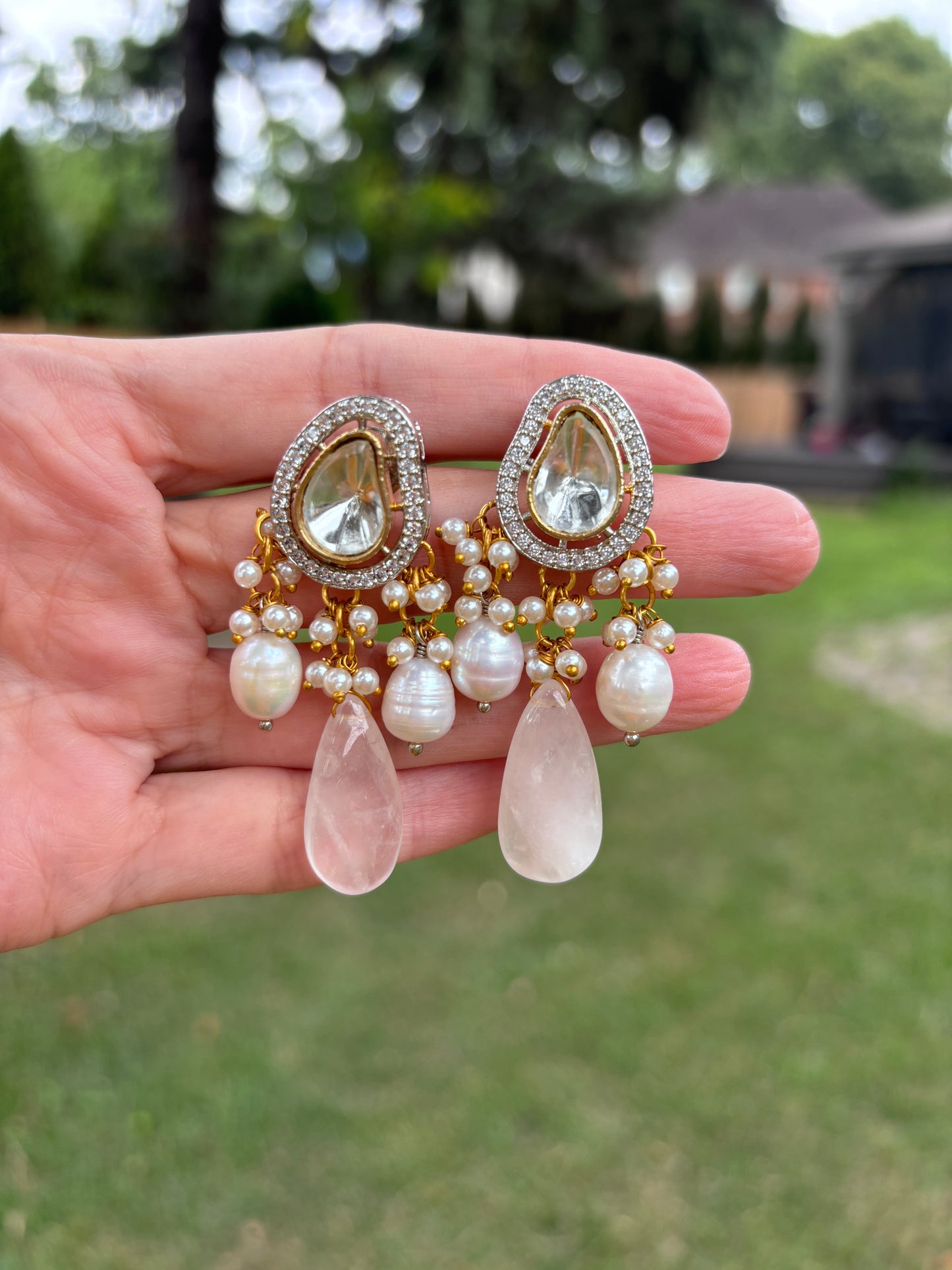Kundan Pearl Stone Cz Drop Earrings