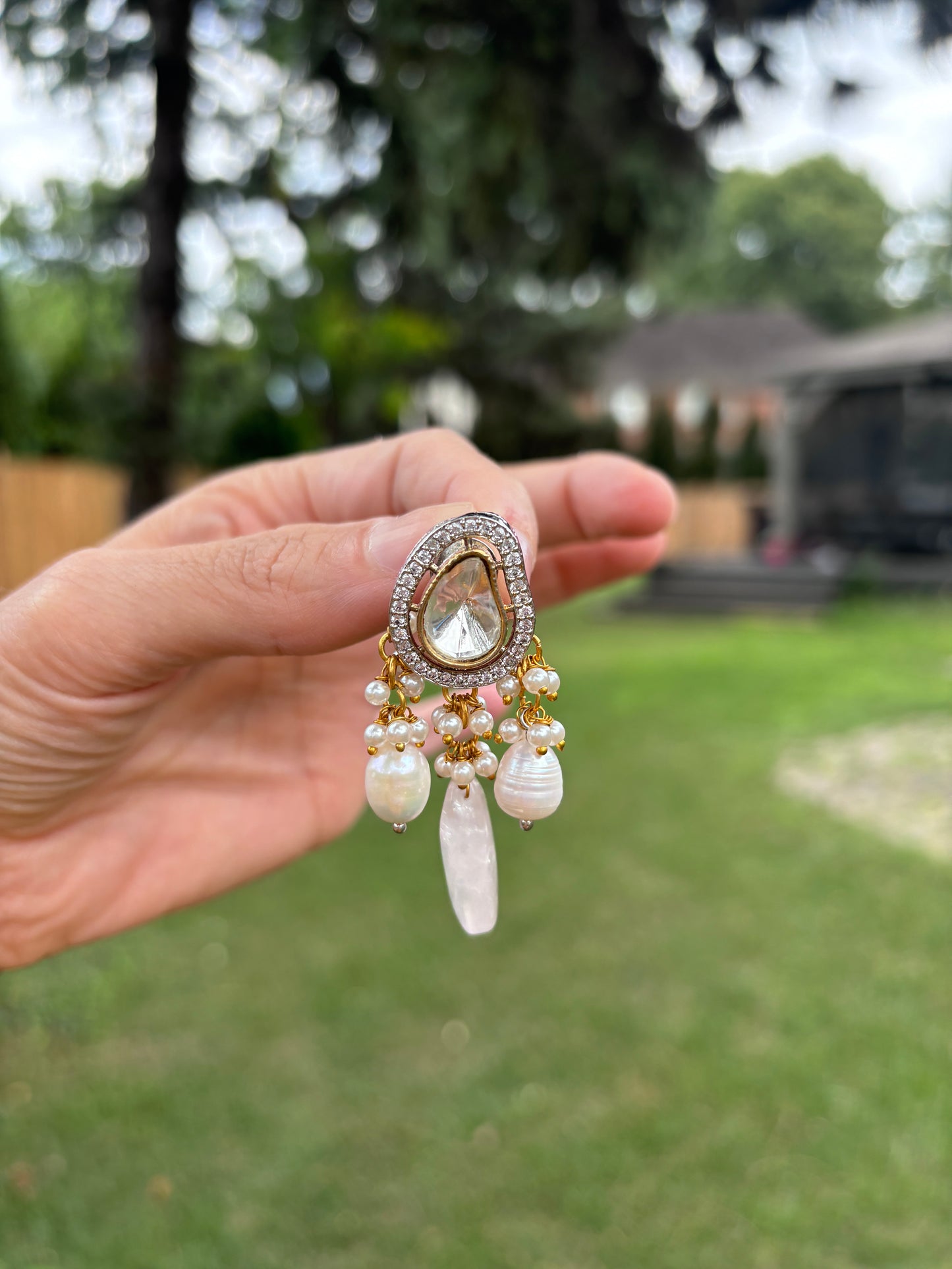 Kundan Pearl Stone Cz Drop Earrings