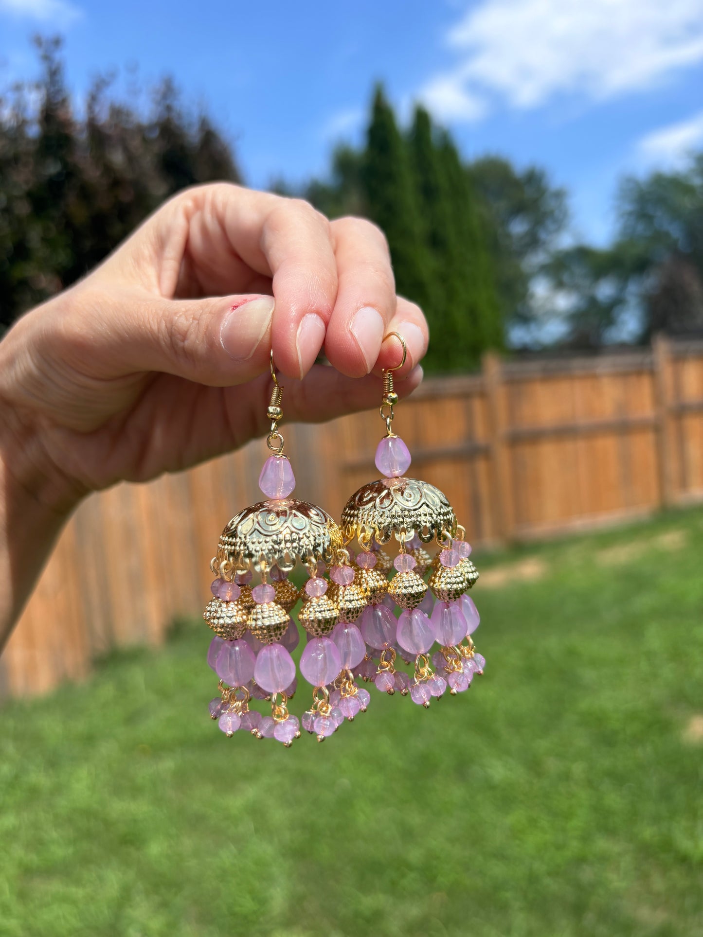 Golden Lilac Lavender Jhumka Earrings For Women | Begum’s Gems