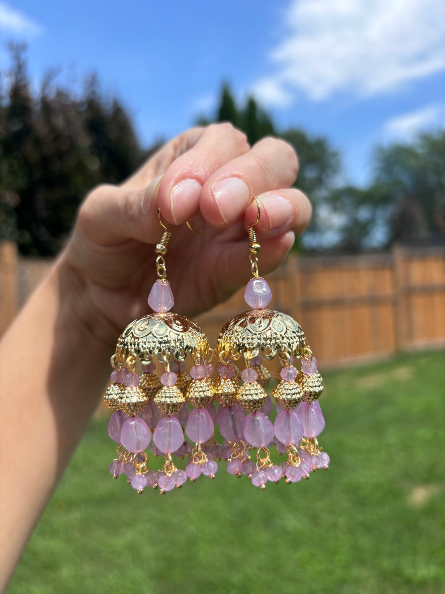 Golden Lilac Lavender Jhumka Earrings For Women | Begum’s Gems