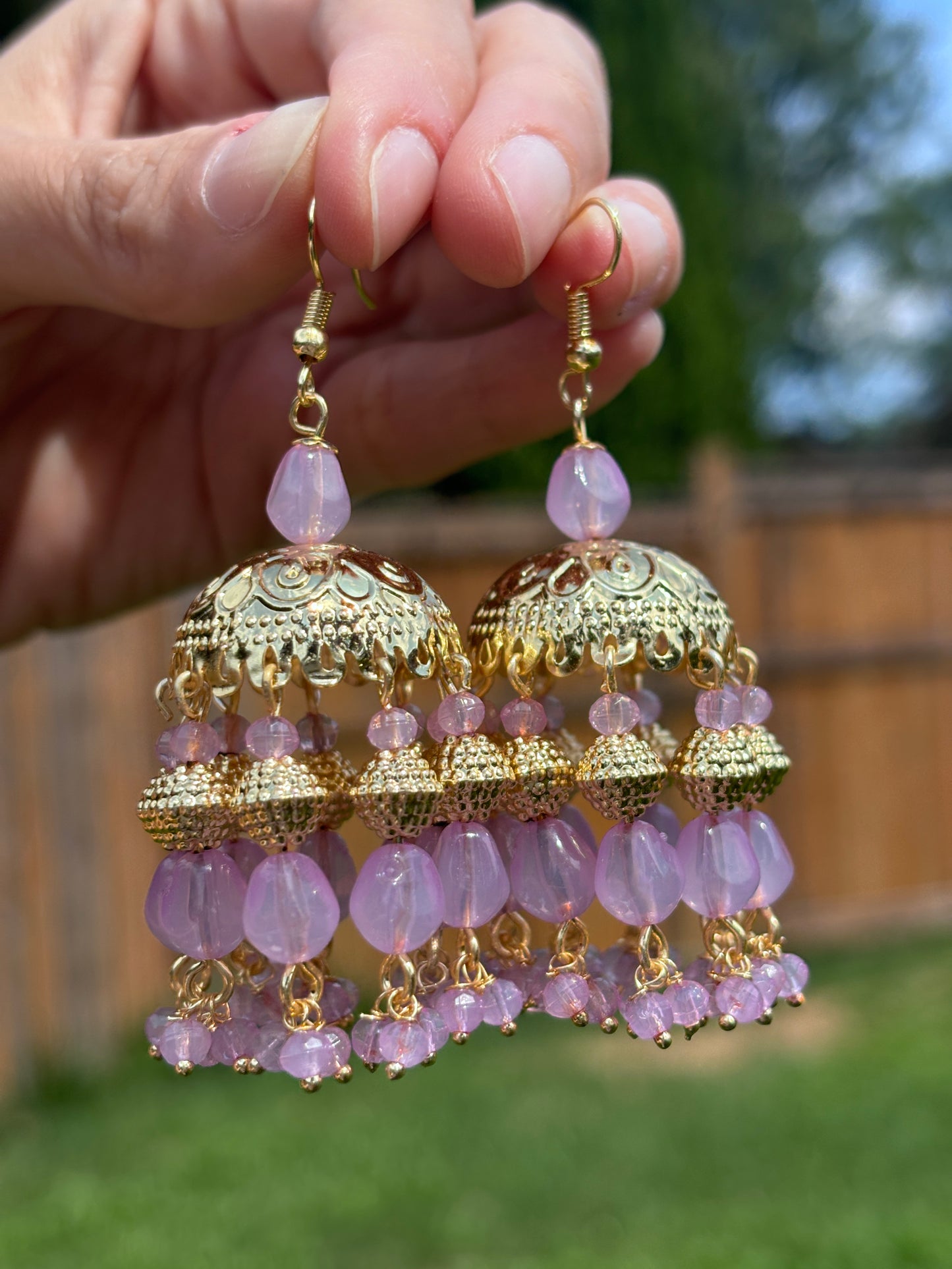 Golden Lilac Lavender Jhumka Earrings For Women | Begum’s Gems