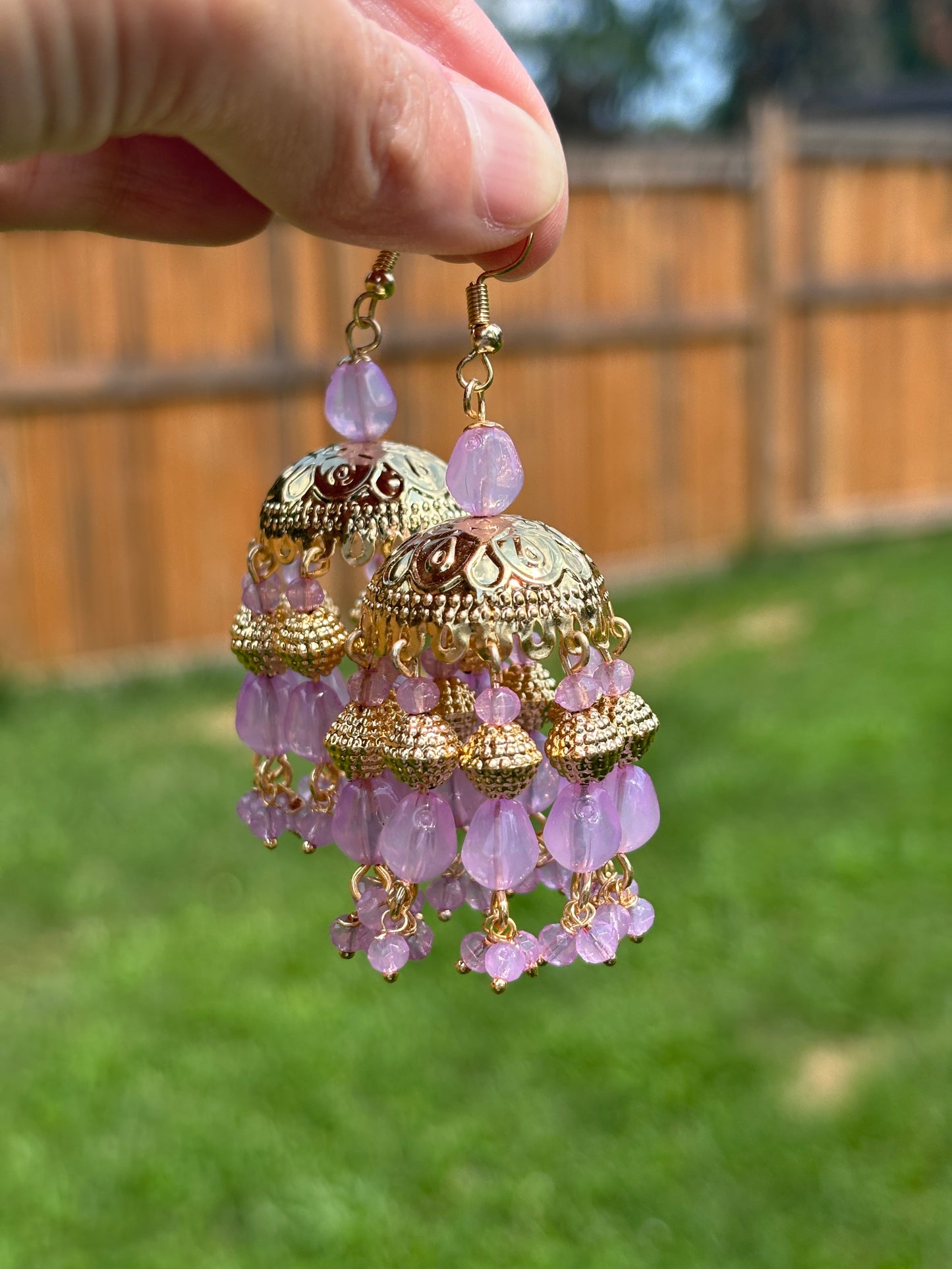 Golden Lilac Lavender Jhumka Earrings For Women | Begum’s Gems