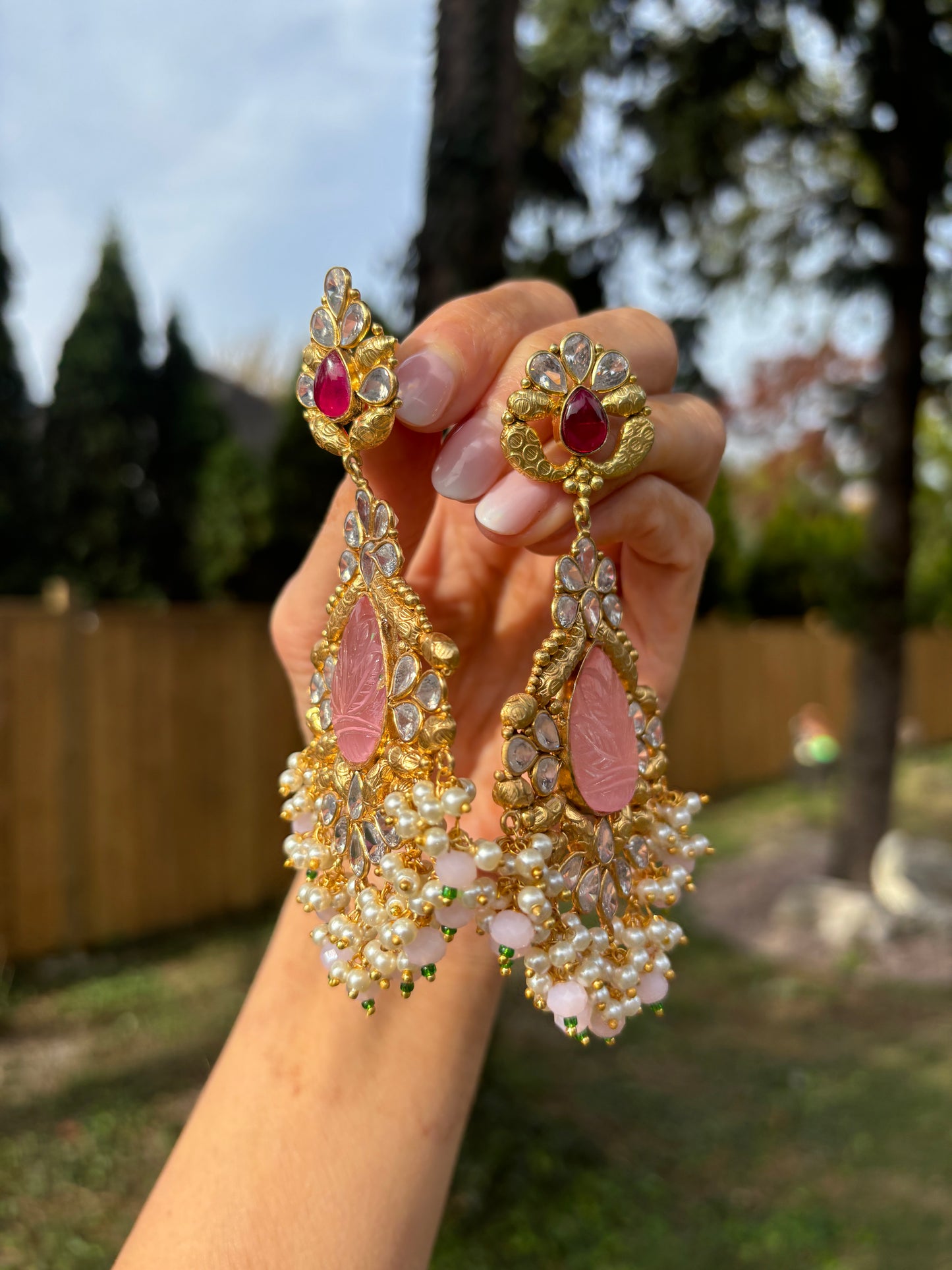 Pink Gemstone Kundan Earrings
