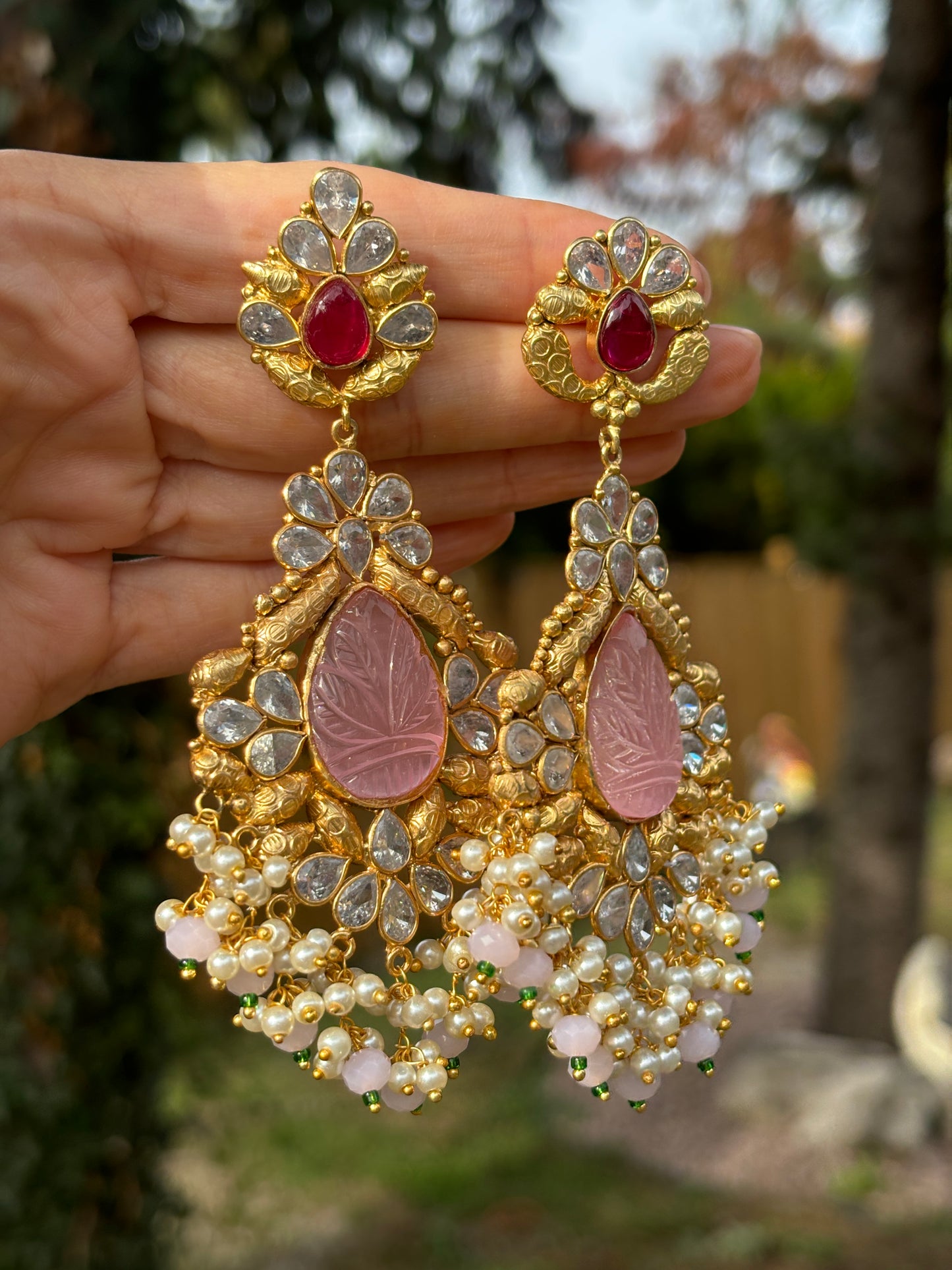 Pink Gemstone Kundan Earrings