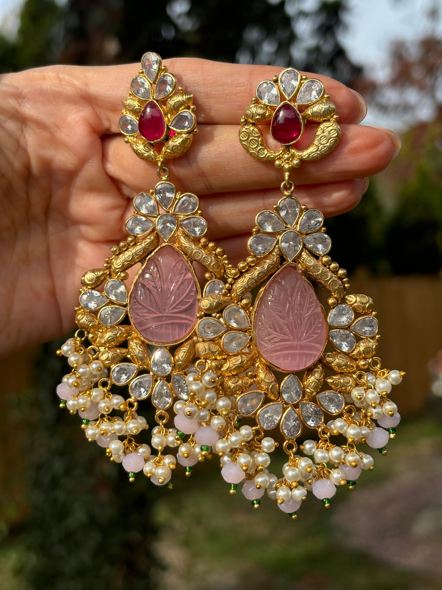 Pink Gemstone Kundan Earrings