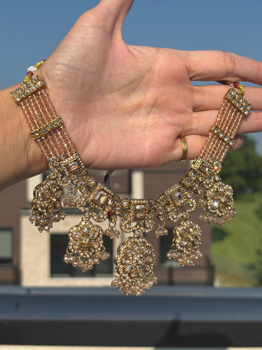 Champagne Polki Set with Necklace - Earrings - Tikka