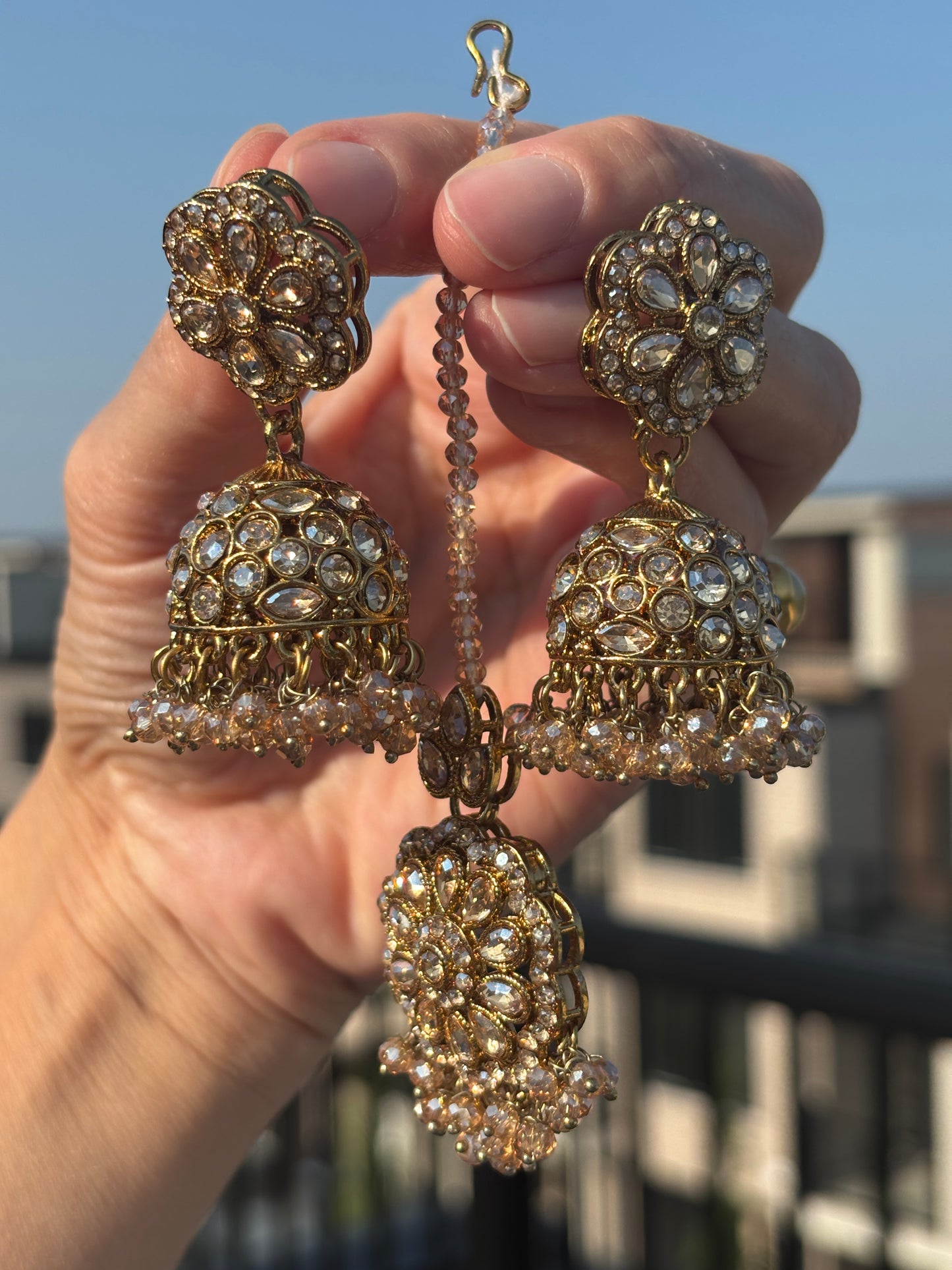 Champagne Polki Set with Necklace - Earrings - Tikka
