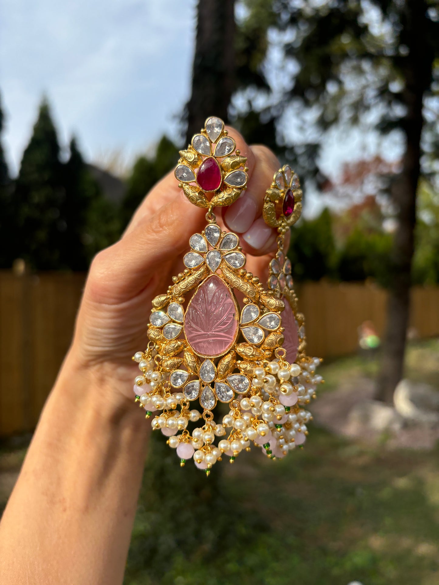 Pink Gemstone Kundan Earrings