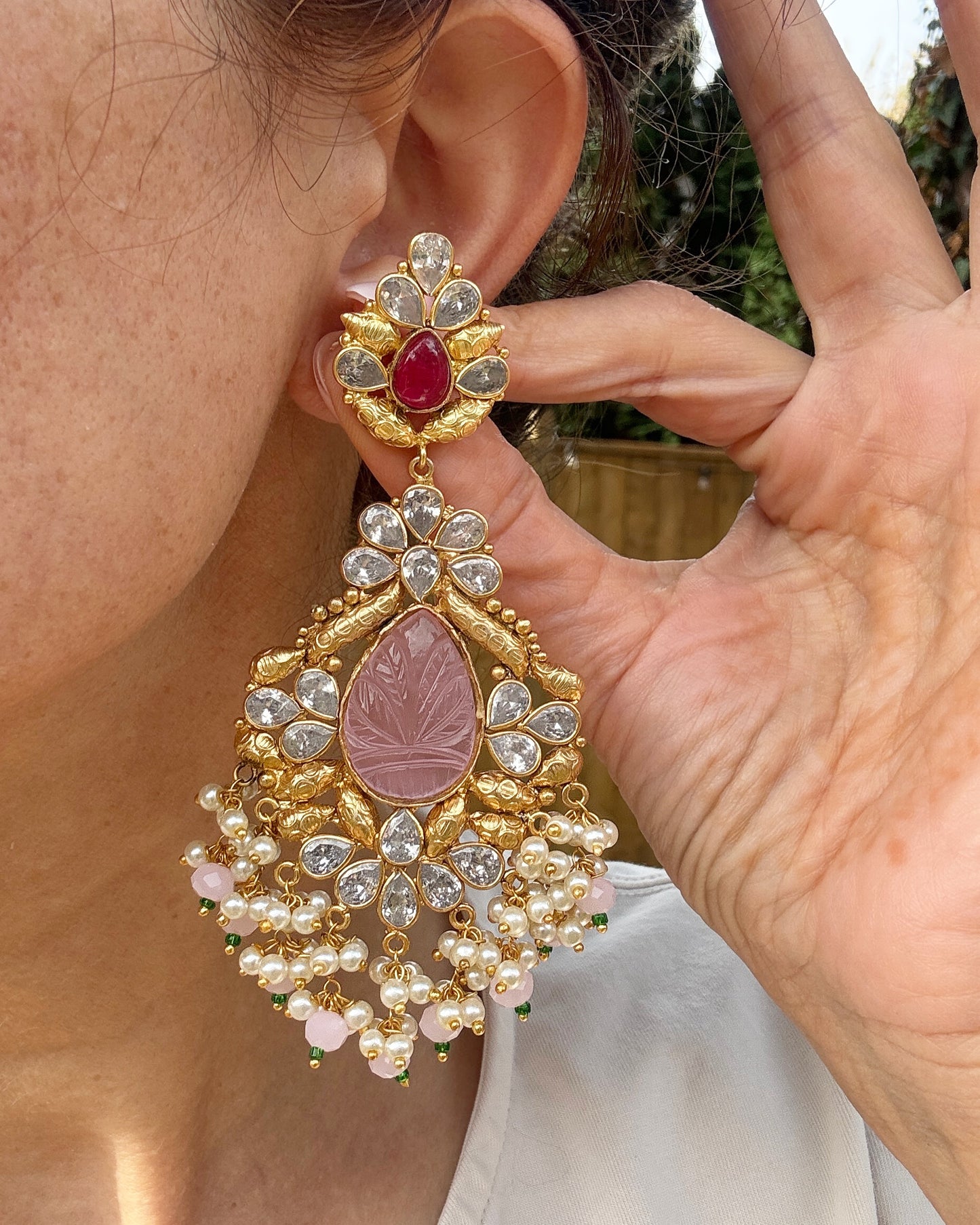 Pink Gemstone Kundan Earrings