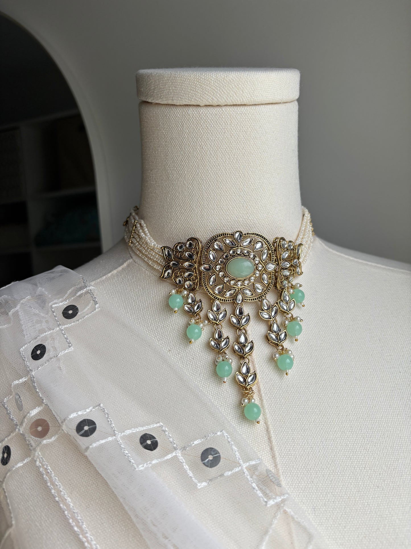 Mint Kundan Set - Earrings - Necklace - Tikka