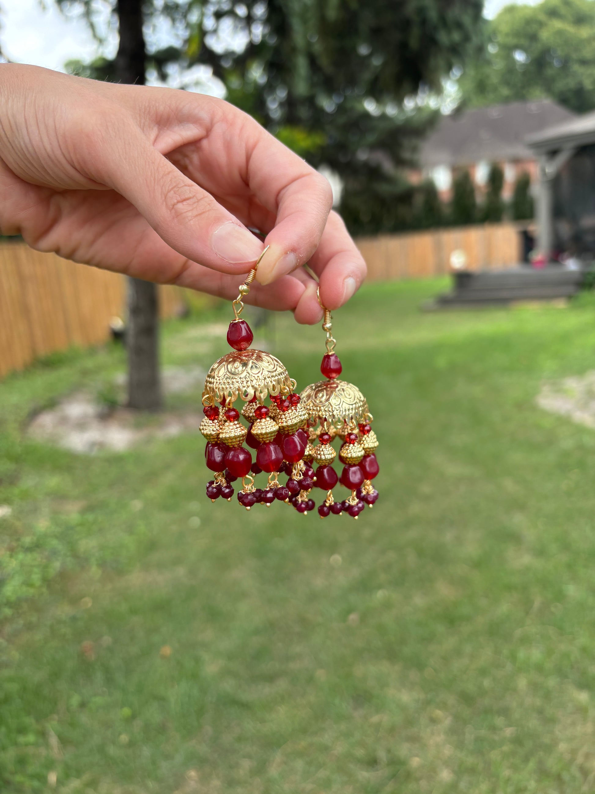 Elegant Golden Jhumki with Red Beads | Begum’s Gems