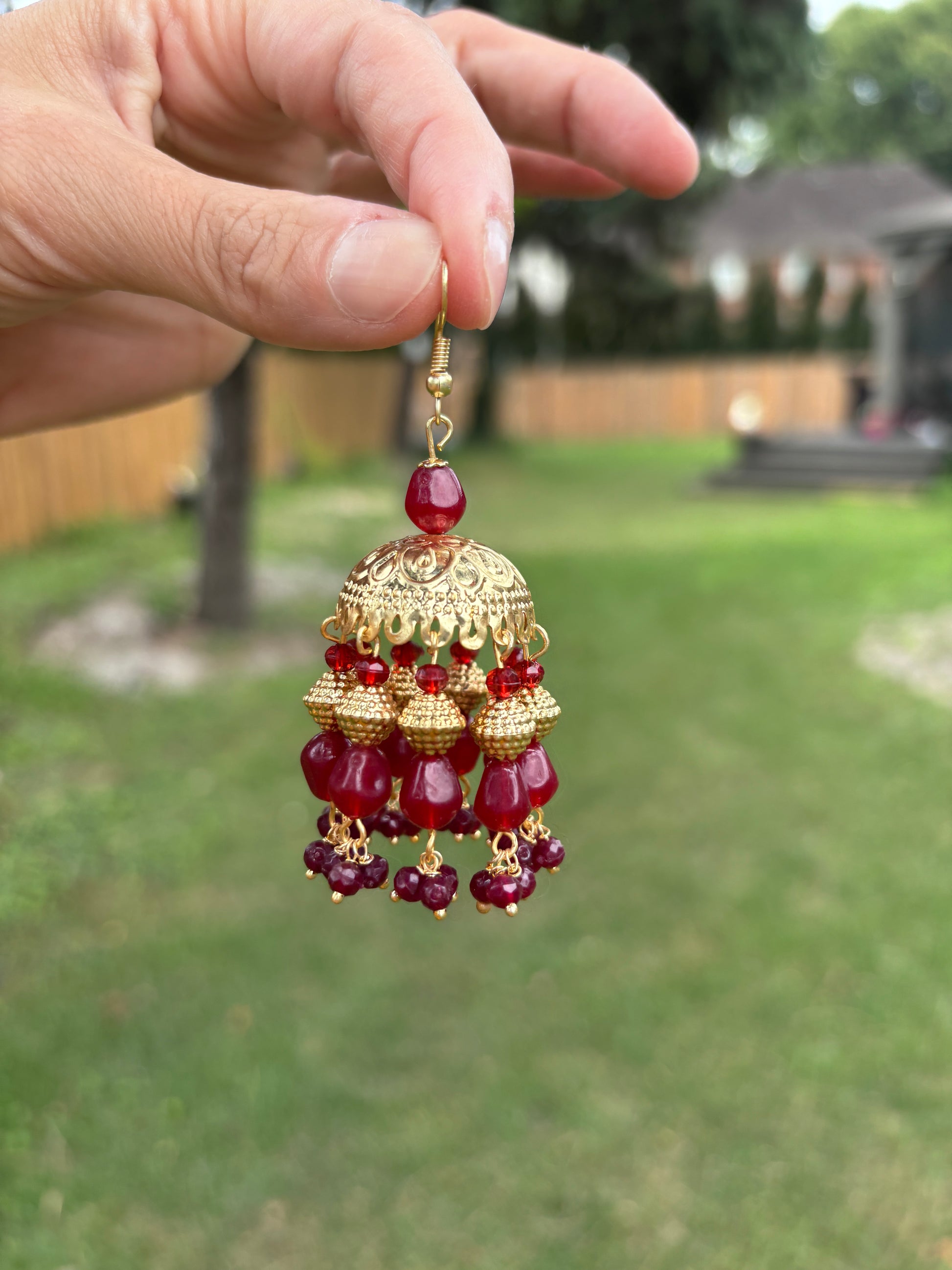 Elegant Golden Jhumki with Red Beads | Begum’s Gems