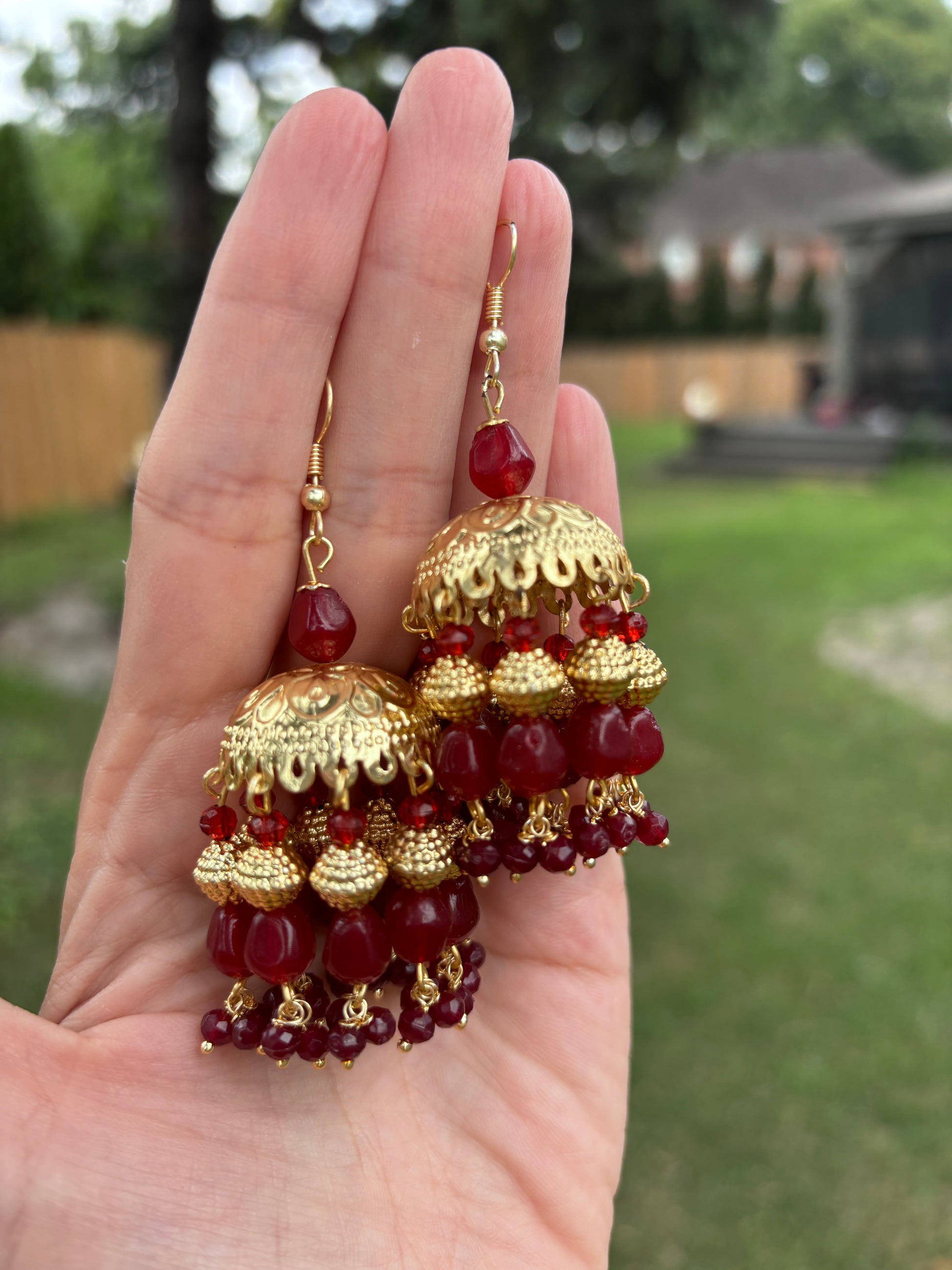 Elegant Golden Jhumki with Red Beads | Begum’s Gems