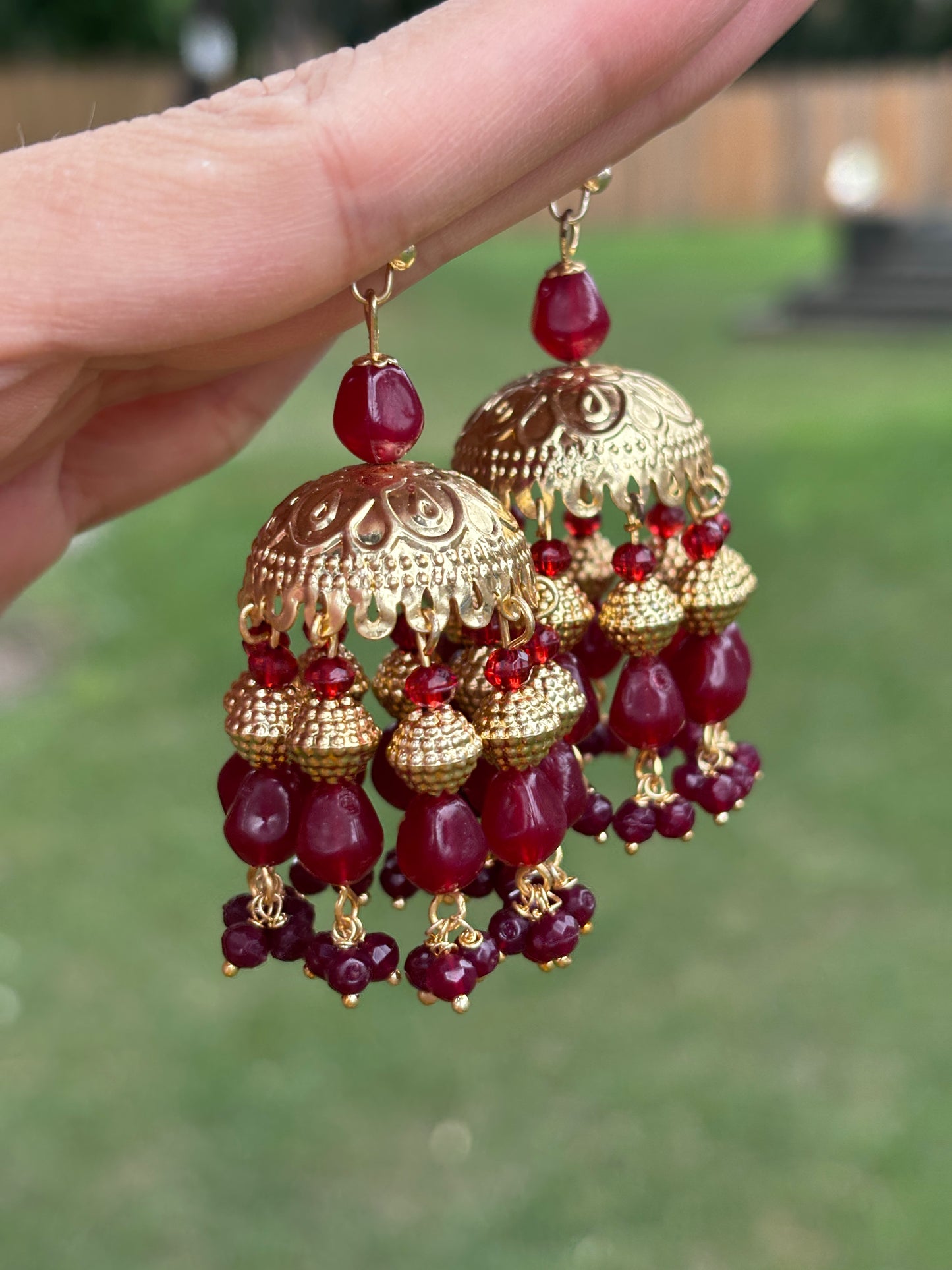 Elegant Golden Jhumki with Red Beads | Begum’s Gems