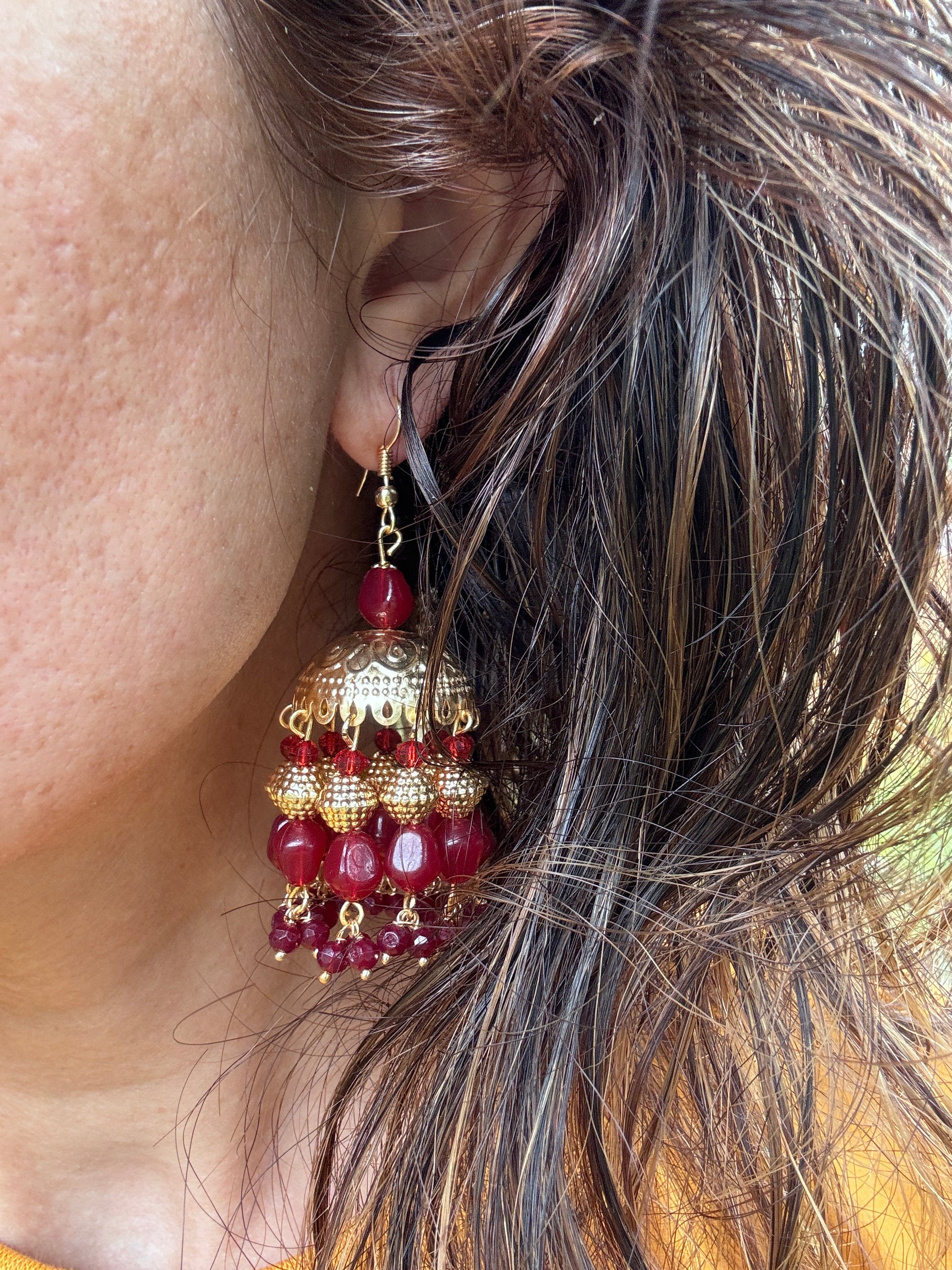 Elegant Golden Jhumki with Red Beads | Begum’s Gems