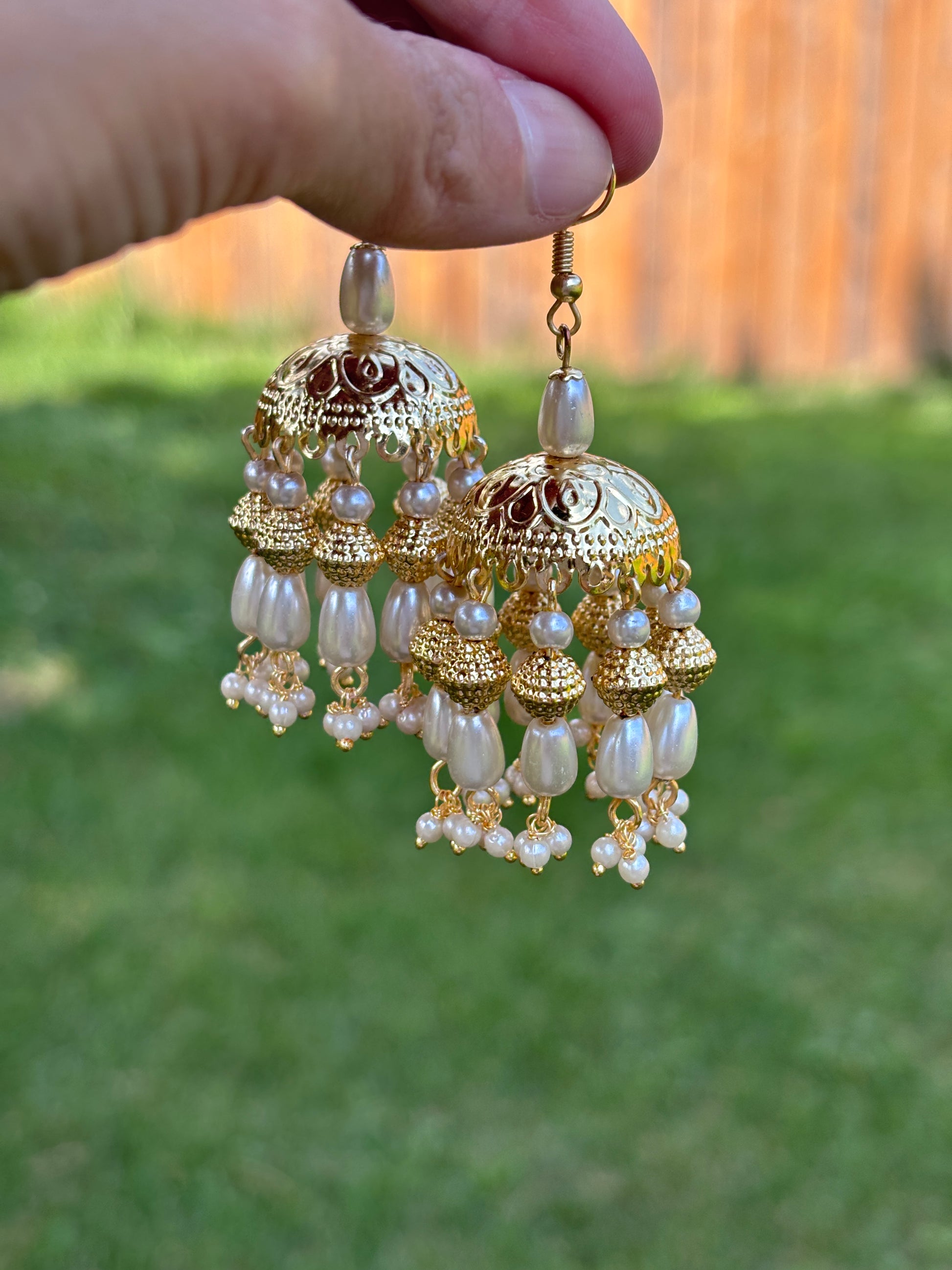 Shop Golden Pearl Jhumki with White Pearls | Begum’s Gems