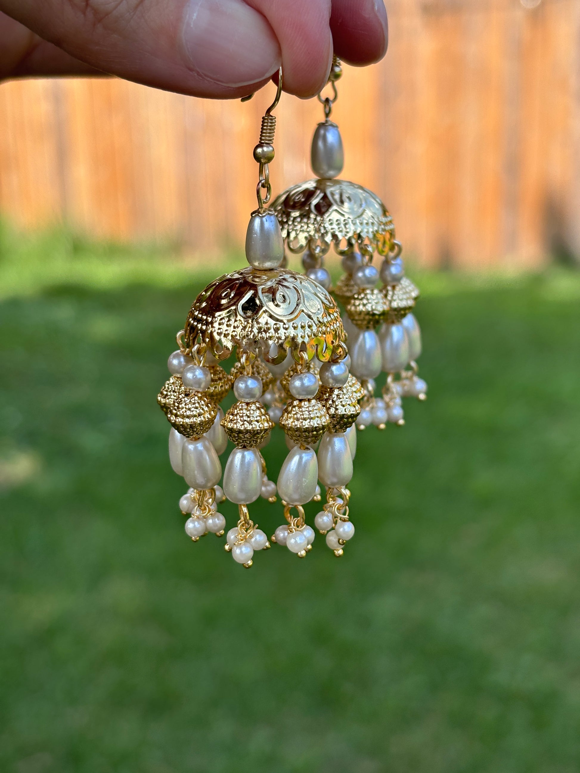 Shop Golden Pearl Jhumki with White Pearls | Begum’s Gems
