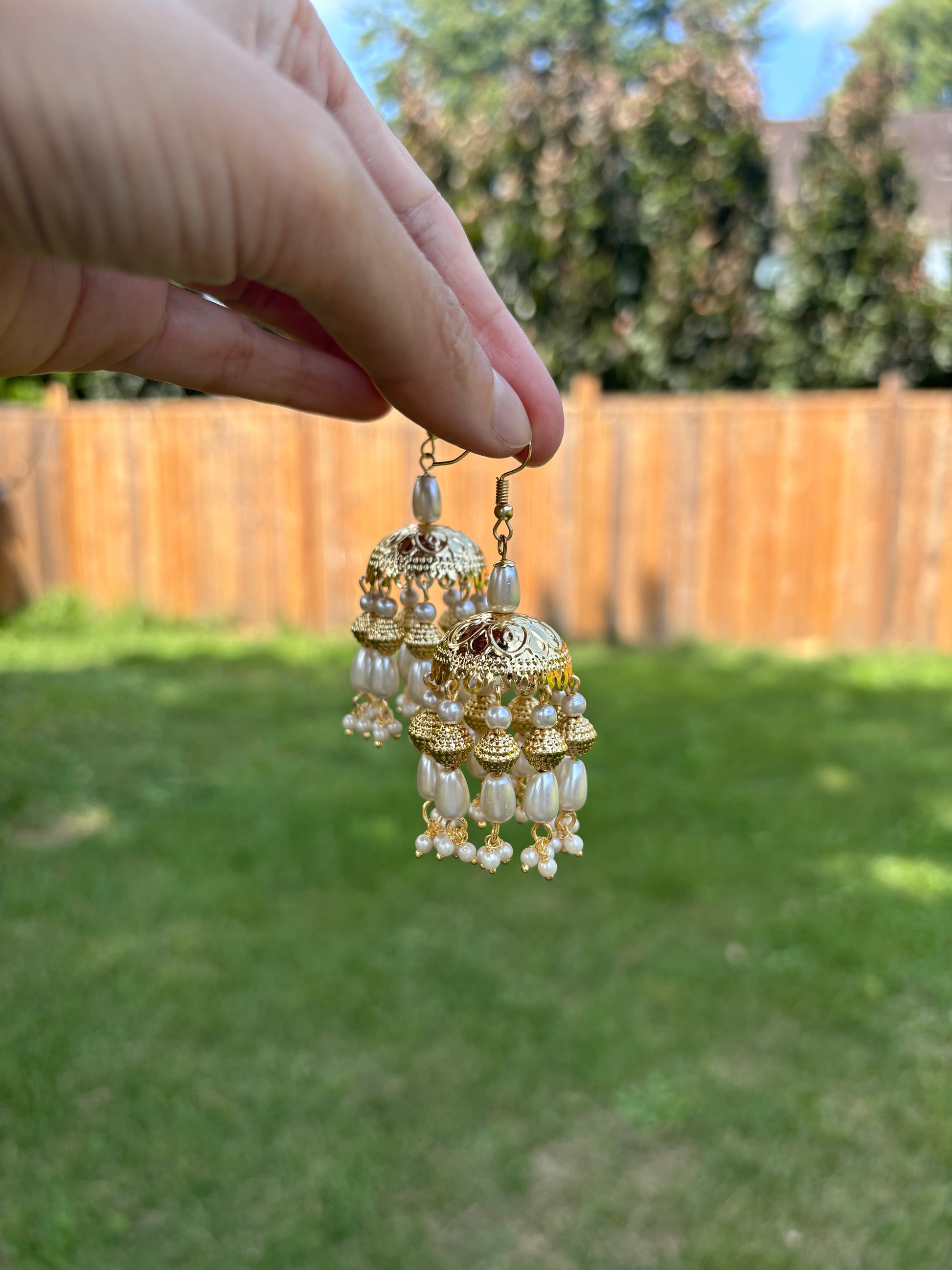 Shop Golden Pearl Jhumki with White Pearls | Begum’s Gems