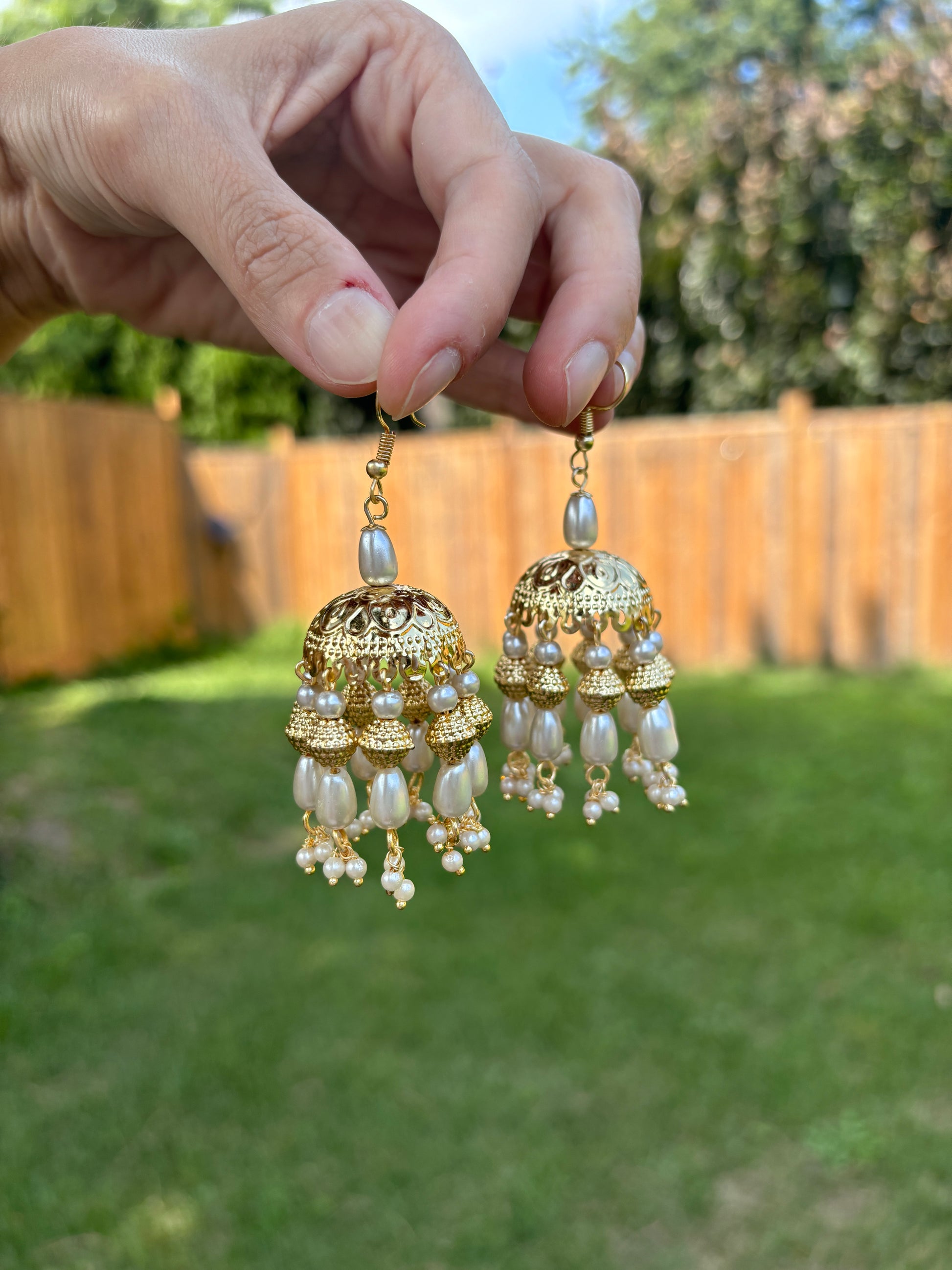 Shop Golden Pearl Jhumki with White Pearls | Begum’s Gems