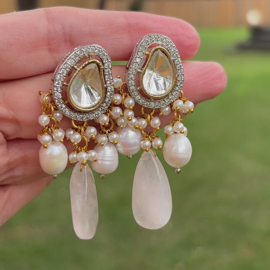 Kundan Pearl Stone Cz Drop Earrings