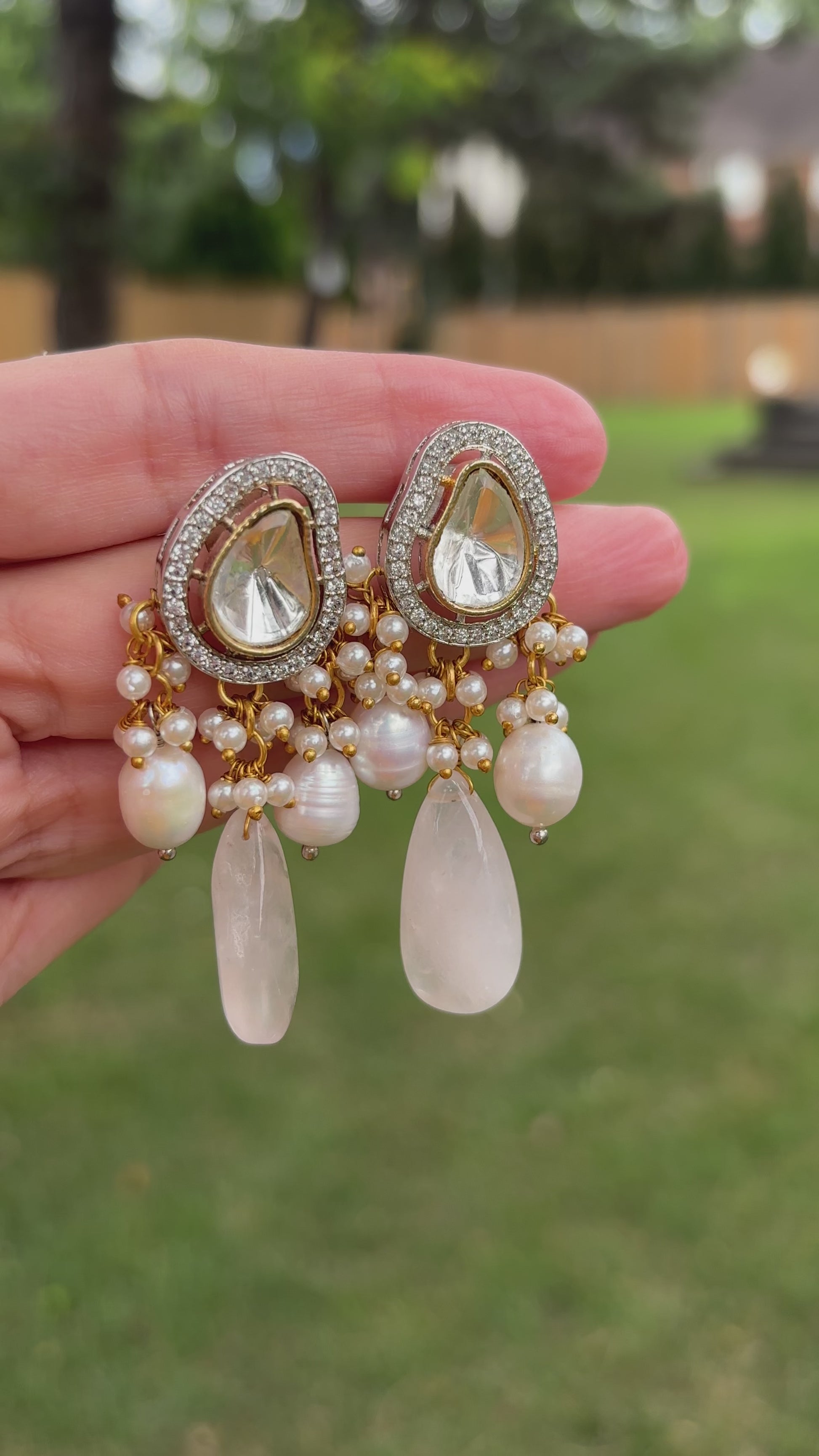 Kundan Pearl Stone Cz Drop Earrings